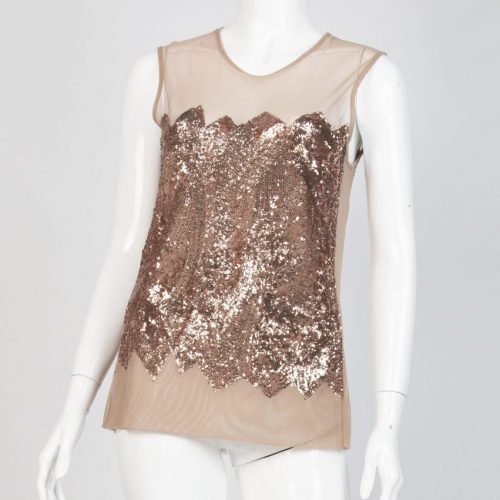 Gold BCBG Sequin Mesh Overlay Sleeveless Top