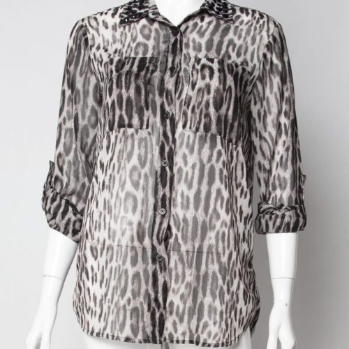 Michael Kors animal print translucent button down with jewel collar